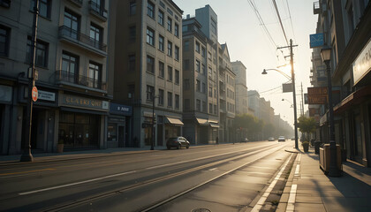 Fototapeta premium Sunrise City Street Calm Morning Buildings Tram Tracks Sunlight