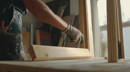 Construction worker installing a wooden door frame. Featuring craftsmanship and attention to detail