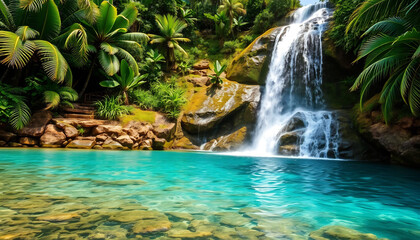 A Tropical Waterfall Cascading into a Crystal Pool