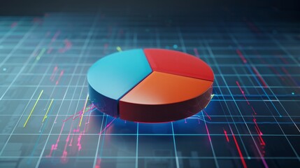Fototapeta premium Floating D pie chart over a blueprint-style interface with graph elements
