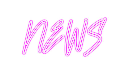 NEWS en néon rose vif avec un contour blanc lumineux, sur fond gris clair uni, format PNG transparent