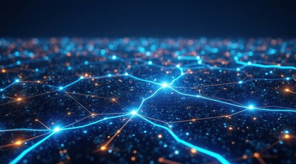Obraz premium A digital network visualization featuring glowing blue and orange nodes interconnected by lines, creating a futuristic and dynamic appearance.