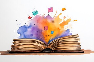 Open Book with Colorful Splash and Floating Envelopes Concept
