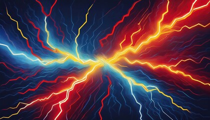 Striking Lightning Bolt Composition with Vibrant Red, Blue, and Yellow Lines Against a Dark Background, Showcasing Electric Energy and Modern Aesthetic.