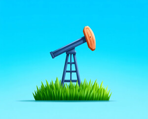 Cartoon oil pump jack in a grassy field against a blue sky