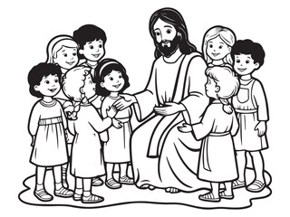 Jesus with Children Vector Outline Illustration Concept Black And White Vector For Coloring Page
