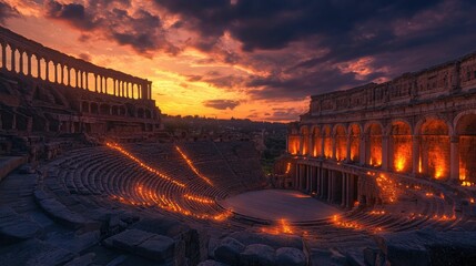 Ancient amphitheater sunset fiery lights spectacle