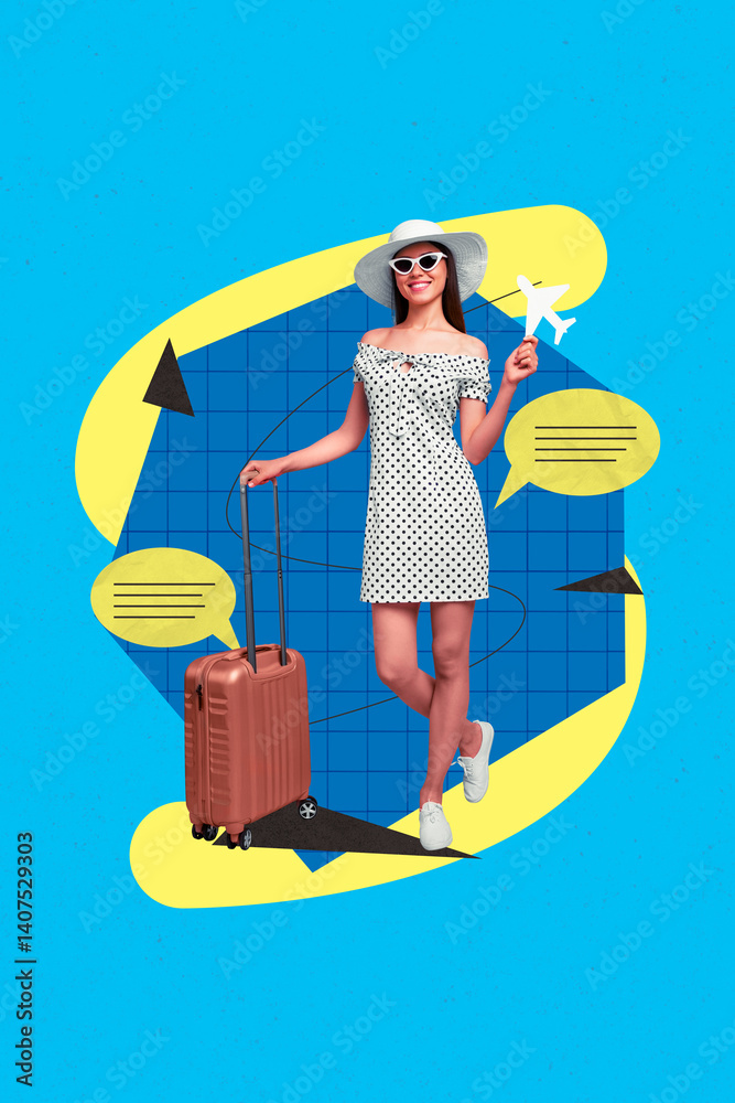 Poster pop trend collage of person suitcase travel journey with text box comments on blue color background