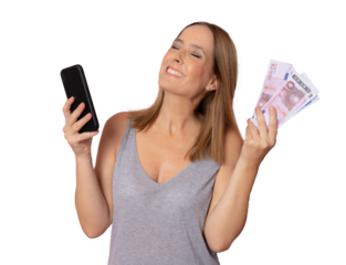 Image of a shocked surprised screaming young pretty woman posing isolated over transparent background using mobile phone holding money. PNG transparent