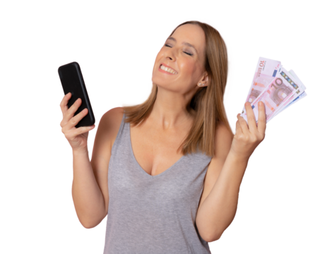 Image of a shocked surprised screaming young pretty woman posing isolated over transparent background using mobile phone holding money. PNG transparent