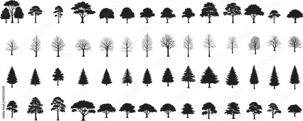 Wall mural silhouette tree line drawing set, side view, set of graphics trees elements outline symbol for archi