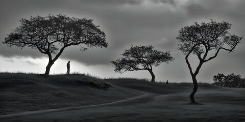 Obraz premium Solitary figure stands by tree on hilly landscape under cloudy sky. Use Peaceful nature scene, meditation, contemplation