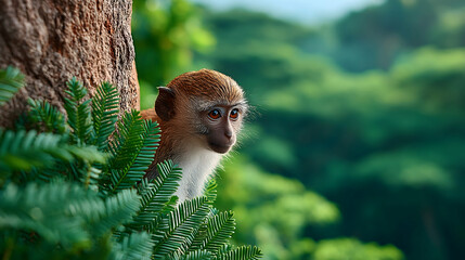 Fototapeta premium A young monkey peeks from behind lush green foliage, nestled against a tree trunk in a vibrant jungle setting