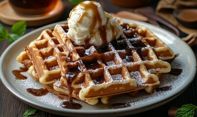 chocolate and caramel maple or honey syrup with ice cream scoop fresh baked waffles morning breakfast - Generative AI