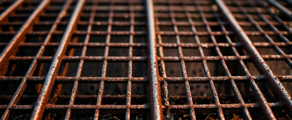 Rusty steel grid in a construction site, close-up