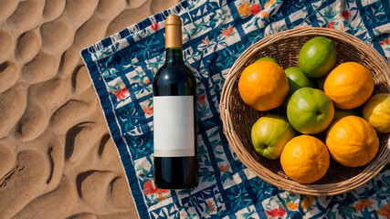 Bottle of wine and basket with fruits on the beach, top view