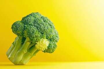 Fresh raw broccoli cabbage on yellow background with copyspace for text. Green vegetable inflorescence, vegetarian and healthy food, cooking ingredient close-up.