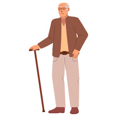 Healthy pensioner.Old man with a cane.Health problem.Disease symptoms.Elderly man with a cane.