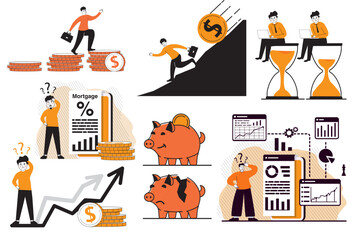 Inflation dollar.Financial crisis.Businessman sitting on coins.Successful investor.Talking and thinking.Brainstorm doodle.Time management deadline Man hourglass laptop.To do list.Data science.Big data