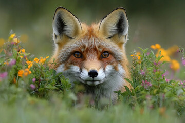 Naklejka premium Close-Up of a Curious Fox in Natural Habitat with Greenery and Flowers - Generative AI