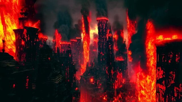 Dramatic urban inferno engulfs cityscape amidst towering flames and thick smoke