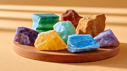 Assorted colorful gemstones on wooden display