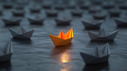 Leadership and Teamwork Concept Orange Paper Boat Among Gray Boats