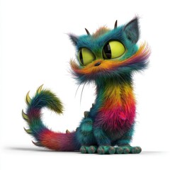 Obraz premium Adorable Furry Rainbow Cat Dragon Hybrid on White Background