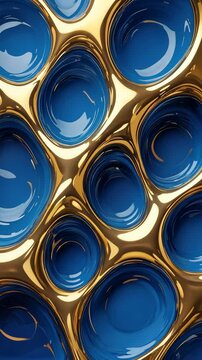 Elegant fluid pattern with glossy blue concave shapes and golden connecting abstract cell-like forms, visual graphic resource