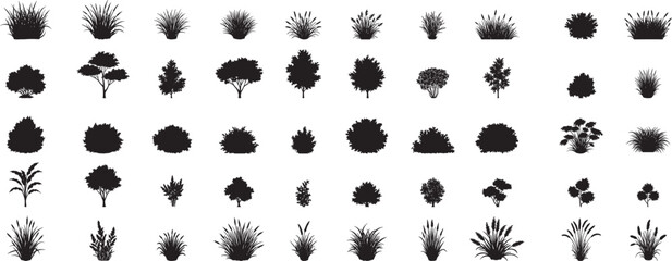 set of bush grass shrub herb silhouette vector transparent background