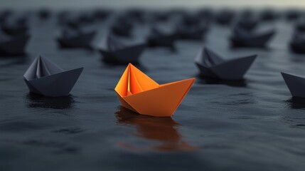 Orange Boat Leadership Concept Amidst Black Boats in a Business Journey