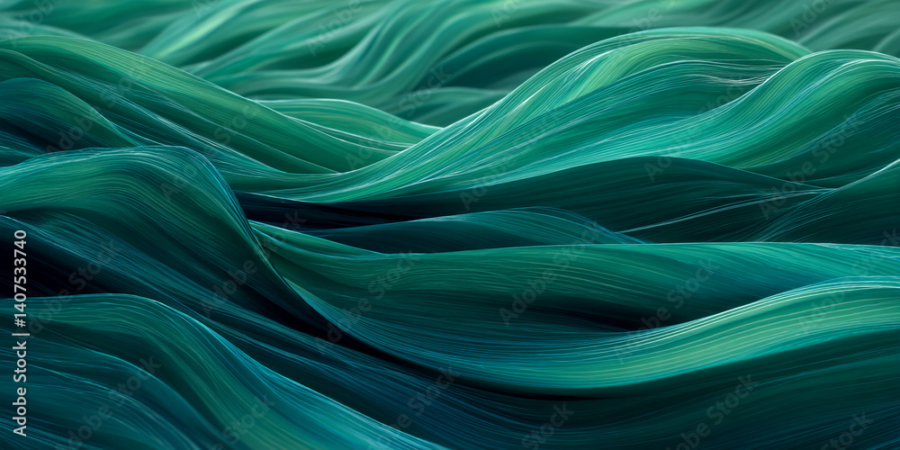 Poster Abstract image of teal fabric waves, creating a flowing, dynamic texture, symbolizing movement, serenity, or fluidity, ideal for design backgrounds