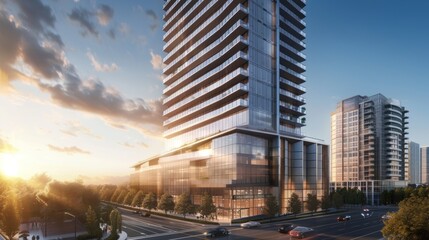 Blurred city skyline at sunset modern architecture panorama