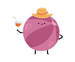 Cute summer ball character wearing hat and holding glass with cocktail. Vector cartoon personage or mascot with arms, legs and smiling expression. Recreation and rest, relaxation and joy