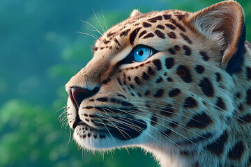 Close-up profile of a pale big cat with striking blue eyes, set against a blurred green background