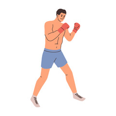 Man in protective gloves and shorts practicing and training for fight with opponents on ring. Vector isolated male personage boxing, fight and box activity hobby and recreation for champion men