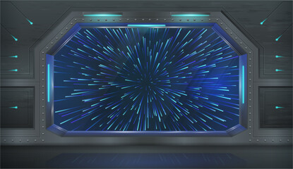 Fast spaceship with window view on moving stars. Vector realistic style, shuttle interior design, steel and metal parts and neon light. Spacecraft for traveling and exploring galaxy world © Sensvector