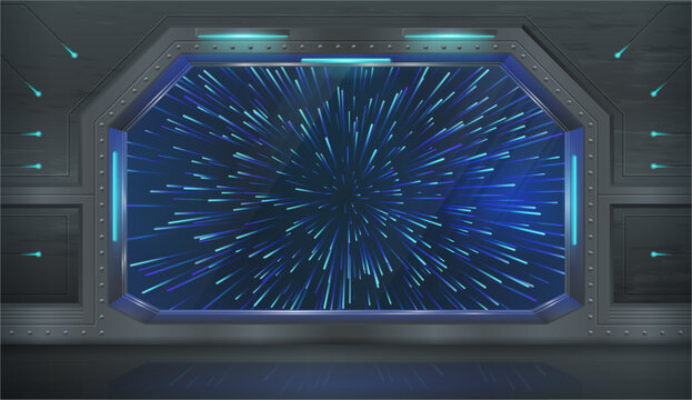 Fast spaceship with window view on moving stars. Vector realistic style, shuttle interior design, steel and metal parts and neon light. Spacecraft for traveling and exploring galaxy world