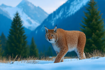 Majestic lynx strides through snowy mountain terrain