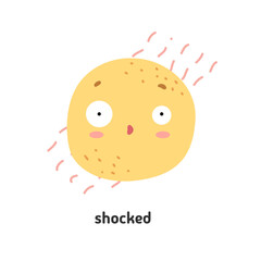 Abstract cute character expressing shocked emotion. Vector round shaped cartoon personage, isolated mascot icon with astonished face raising brows. Amazed or flabbergasted or sticker