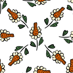 Seamless floral pattern with whimsical hand-drawn flowers and green leaves on a white background, perfect for fabric, wallpaper, stationery, kids products, and creative decorative projects