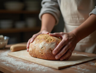 Baker with freshly baked bread. Bakery background