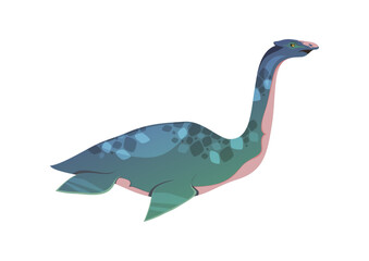 Mosasaurus or Plesiosaurus dinosaur from early Jurrasic period. Vector isolated fauna and biodiversity of ancient prehistoric tines. Extinct dino with fins and long neck, swimming in water