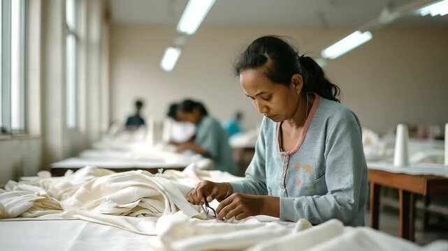 Sweatshop worker cutting fabric for export in a stifling afternoon