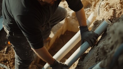 Construction worker installing plumbing pipes. Featuring skill and attention to detail