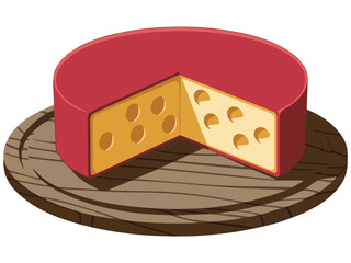 gouda cheese slice wooden plate isolated vector illustration on white background