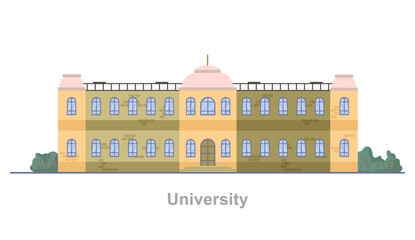 University exterior, isolated municipal building for students to obtain knowledge and get degree. Vector flat cartoon style, learning and studying educational facade of institution for citizens