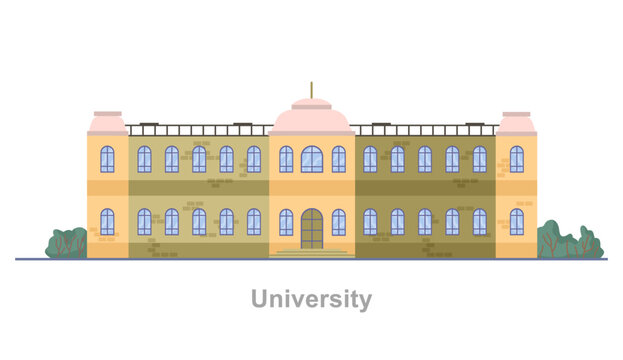 University exterior, isolated municipal building for students to obtain knowledge and get degree. Vector flat cartoon style, learning and studying educational facade of institution for citizens