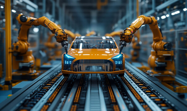 Automated robotics futuristic electric cars factory production line