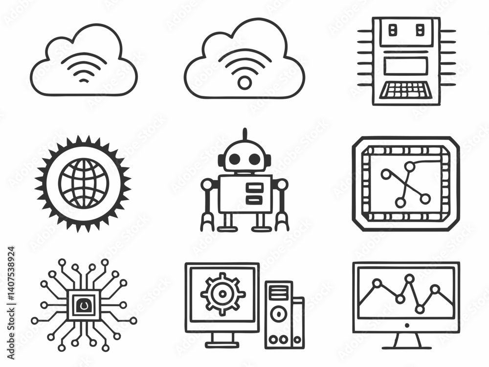 Poster collection of line art icons technology, robotics, and cloud computing